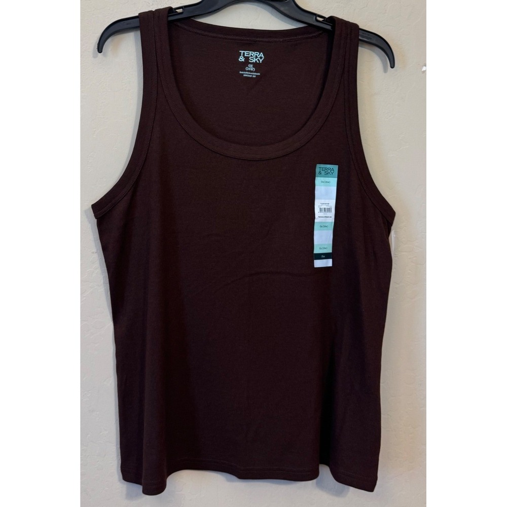Terra & Sky Tank Top Women 0X 14W Brown Ribbed Scoop Neck Stretch Basic NEW